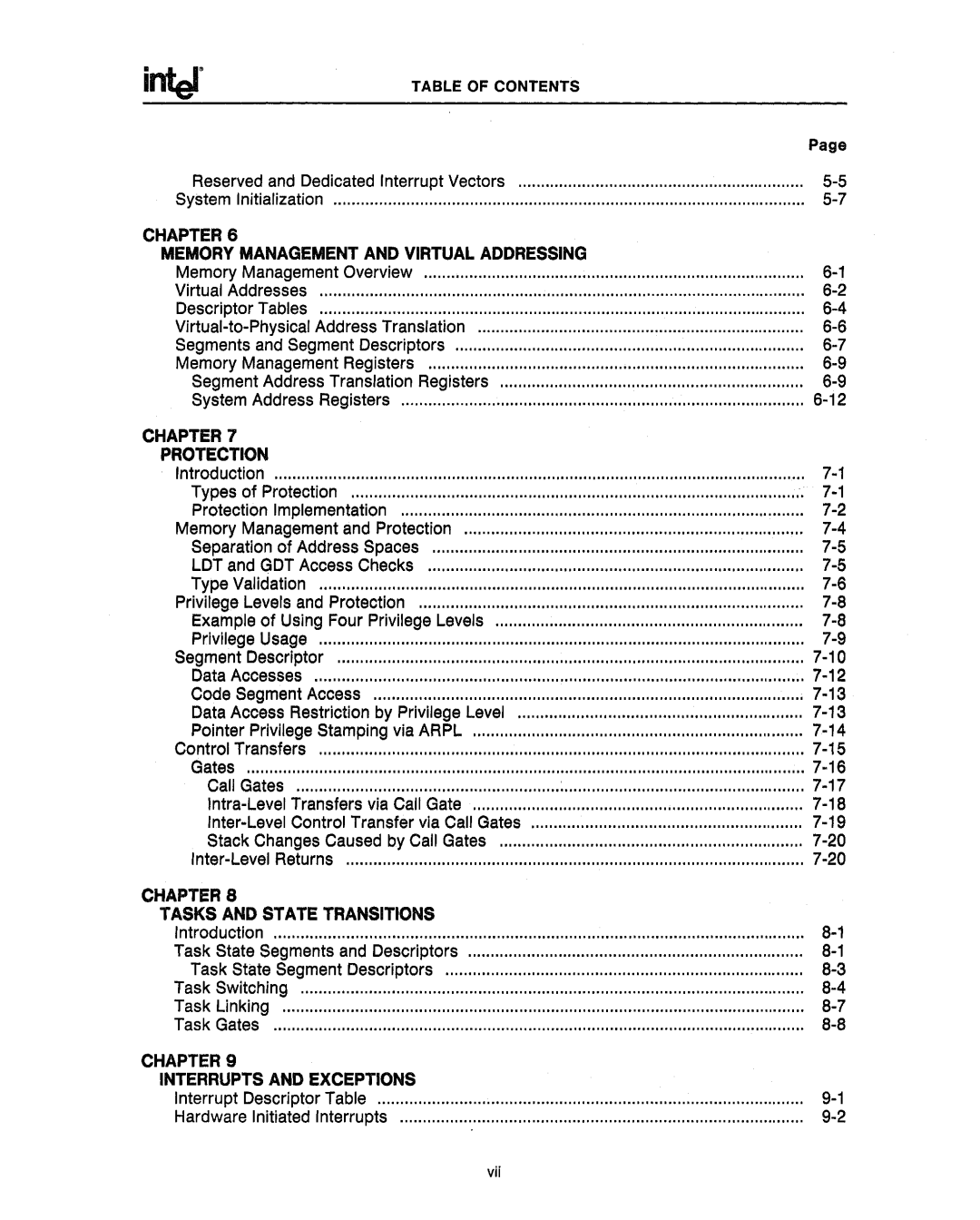 Intel 80286, 80287 manual Chapter Memory Management and Virtual Addressing, Table of Contents 