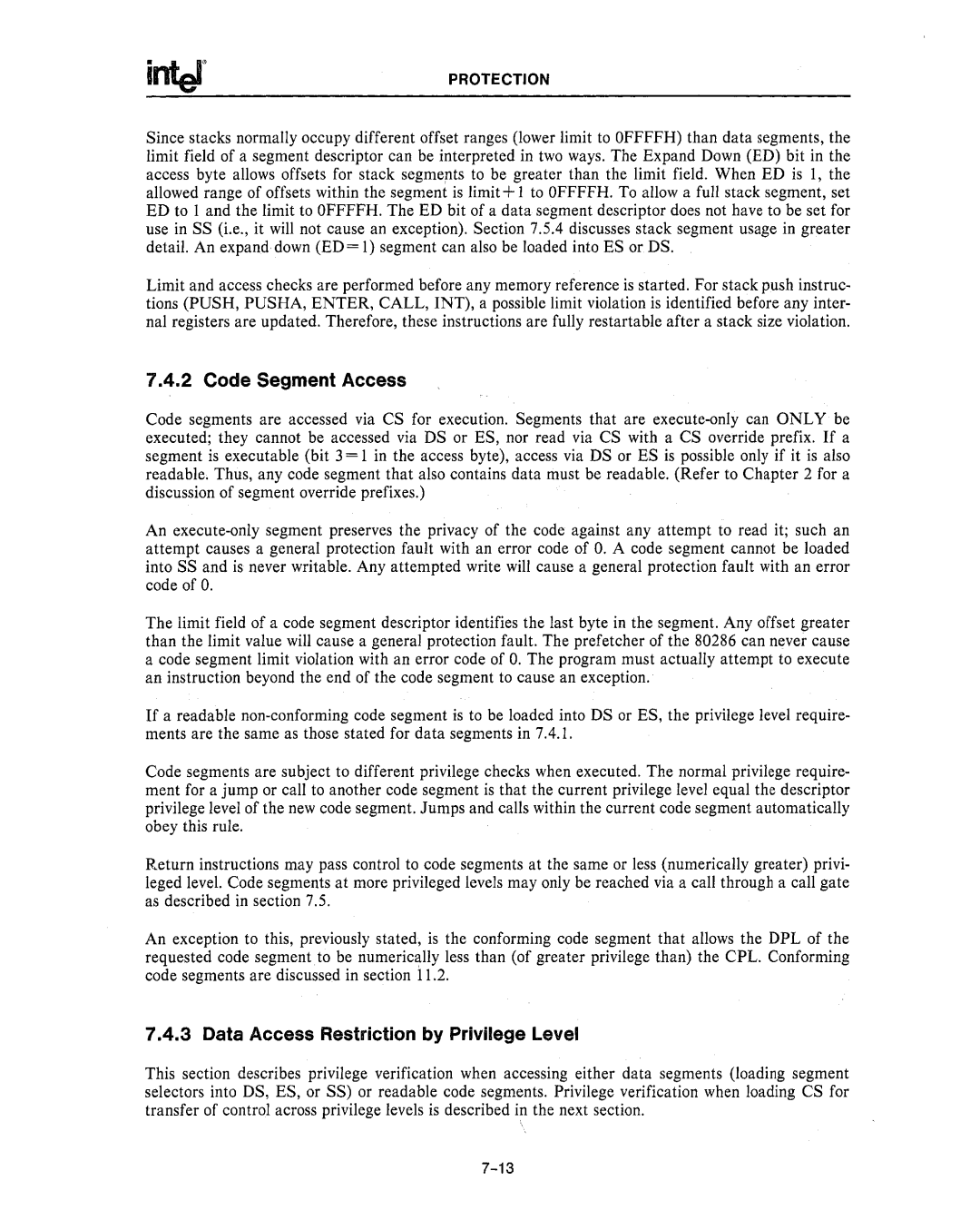 Intel 80286, 80287 manual Code Segment Access, Data Access Restriction by Privilege Level 