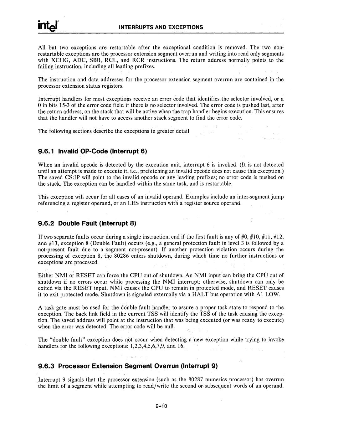 Intel 80287, 80286 manual Invalid OP-Code Interrupt, Double Fault Interrupt, Processor Extension Segment Overrun Interrupt 