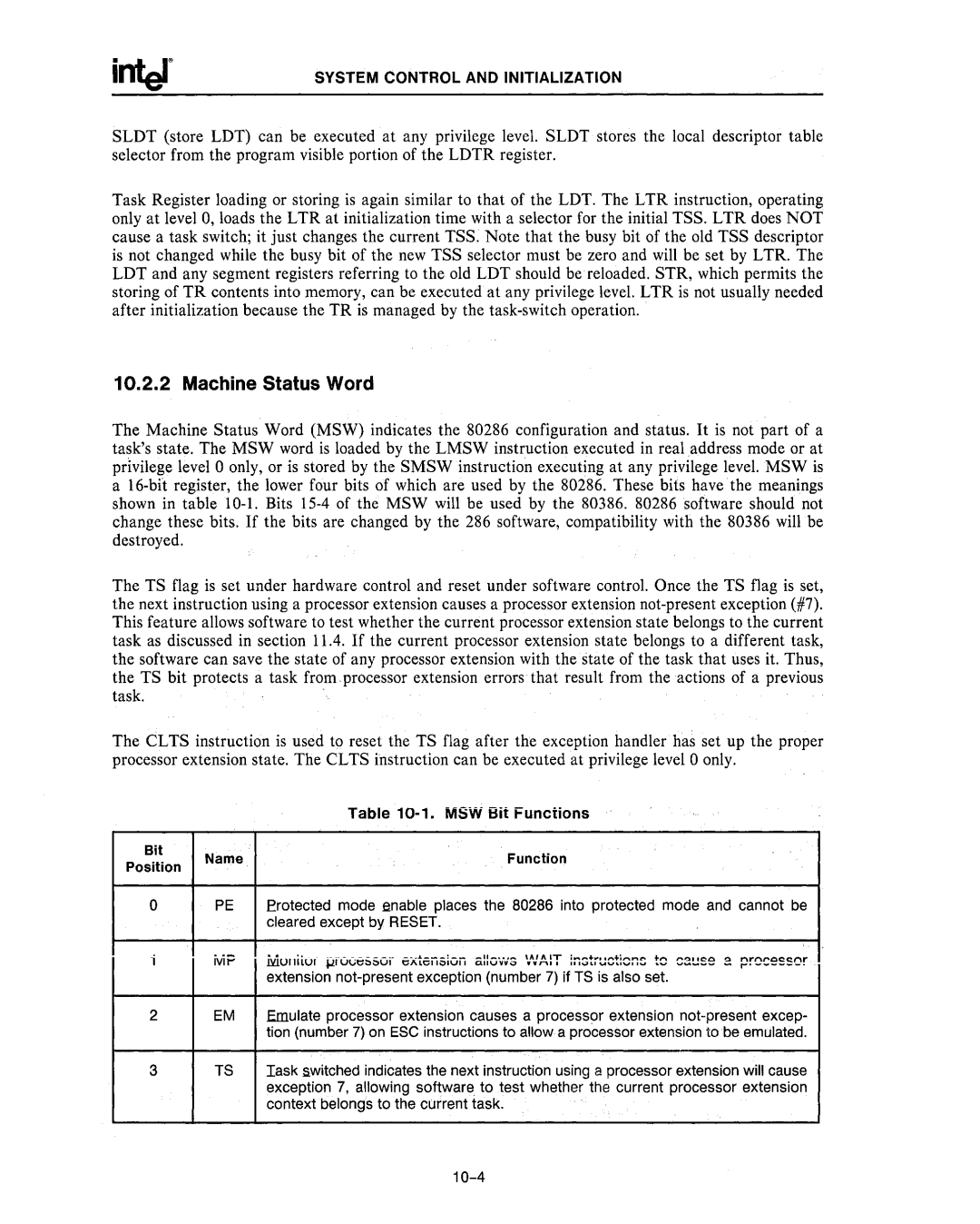 Intel 80287, 80286 manual Machine Status Word, MSW Bit Functions 