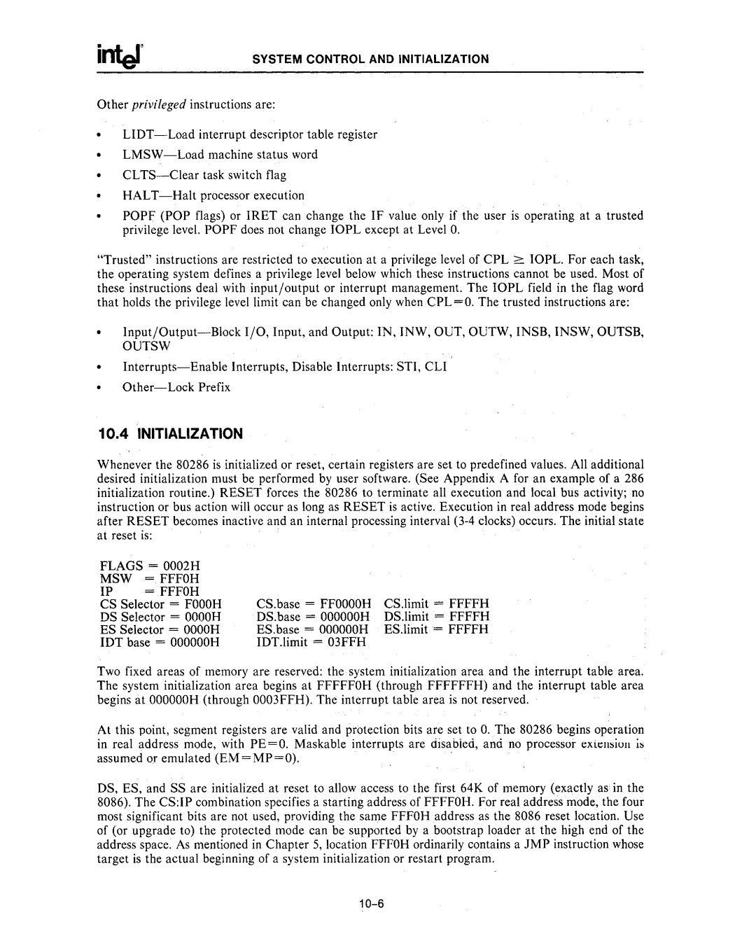 Intel 80287, 80286 manual Initialization, 03FFH 