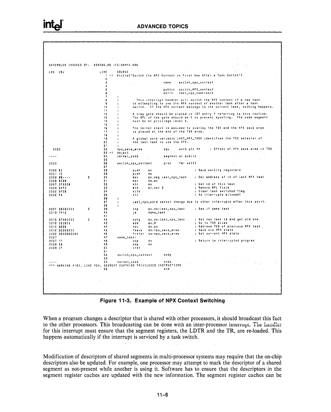 Intel 80287, 80286 manual Advanced Topics, Example of NPX Context Switching 