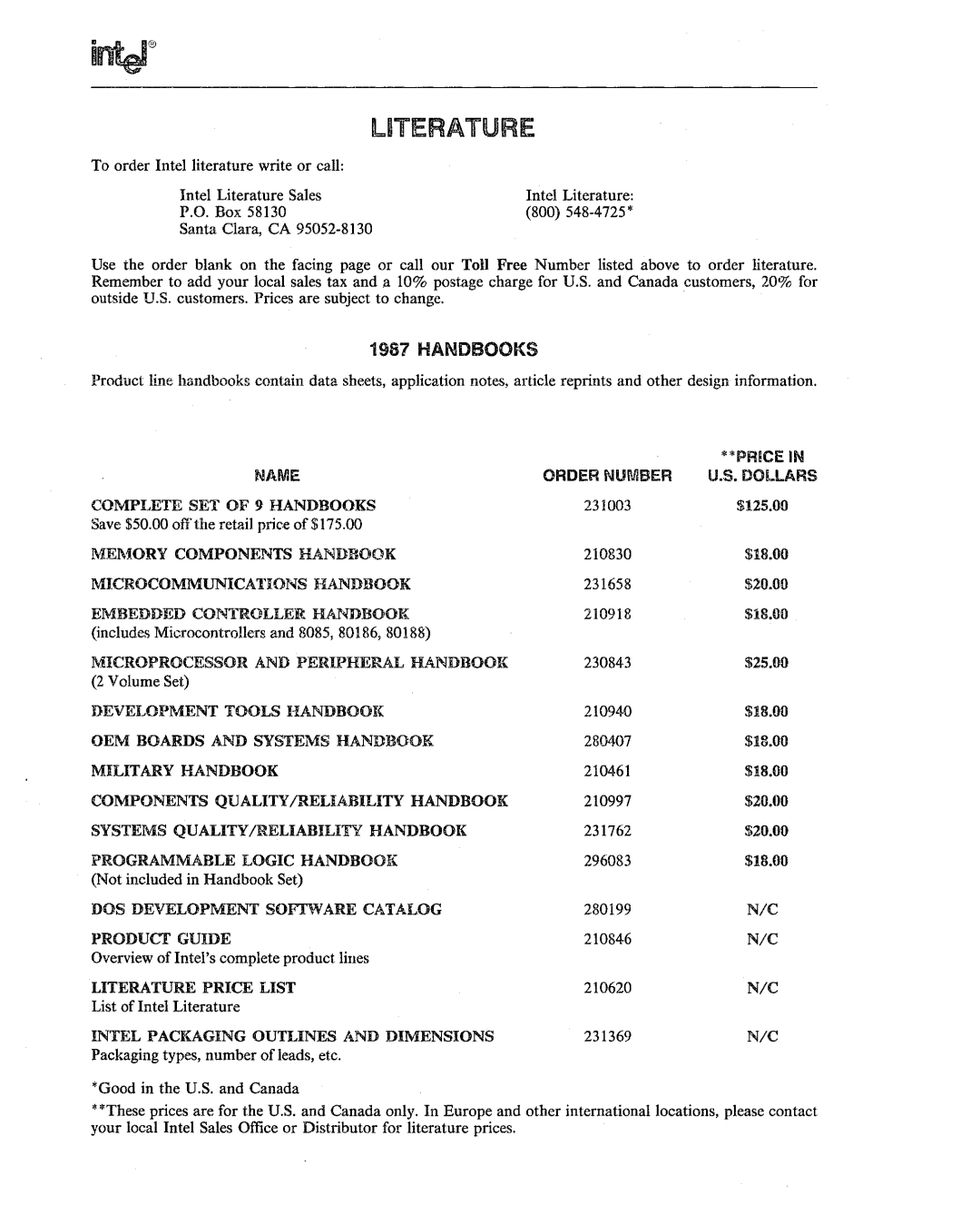 Intel 80287, 80286 manual ··Pricein, Order Number Dollars 