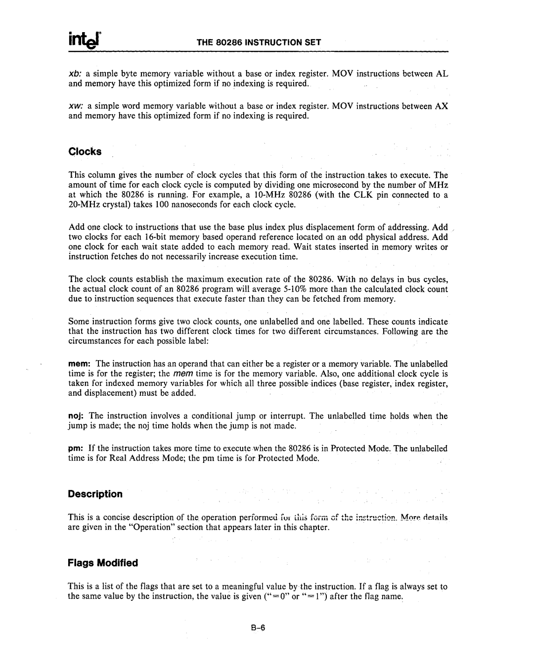 Intel 80287, 80286 manual Clocks, Description, Flags Modified 