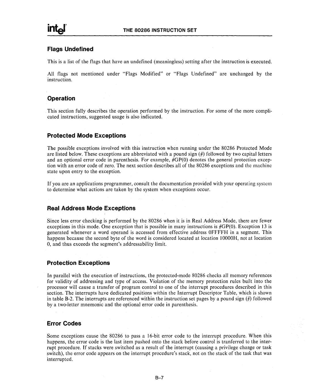 Intel 80286 Flags Undefined, Operation, Protected Mode Exceptions, Real Address Mode Exceptions, Protection Exceptions 
