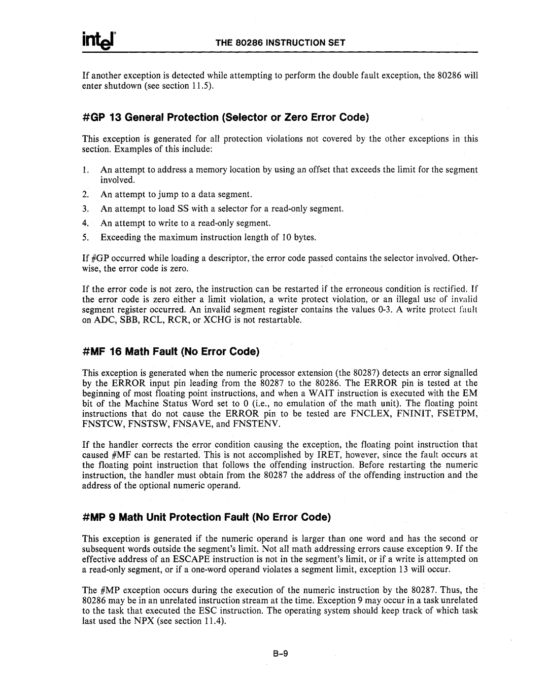 Intel 80286, 80287 manual #GP 13 General Protection Selector or Zero Error Code, #MF 16 Math Fault No Error Code 