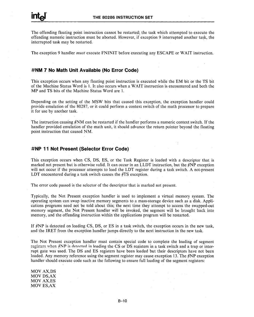 Intel 80287, 80286 manual #NM 7 No Math Unit Available No Error Code, #NP 11 Not Present Selector Error Code 