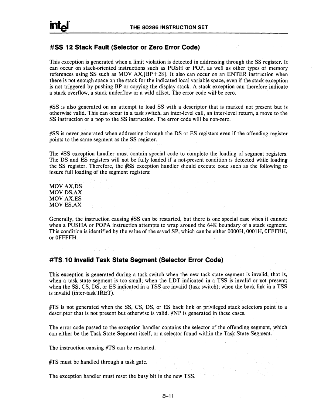 Intel 80286, 80287 #SS 12 Stack Fault Selector or Zero Error Code, #TS 10 Invalid Task State Segment Selector Error Code 