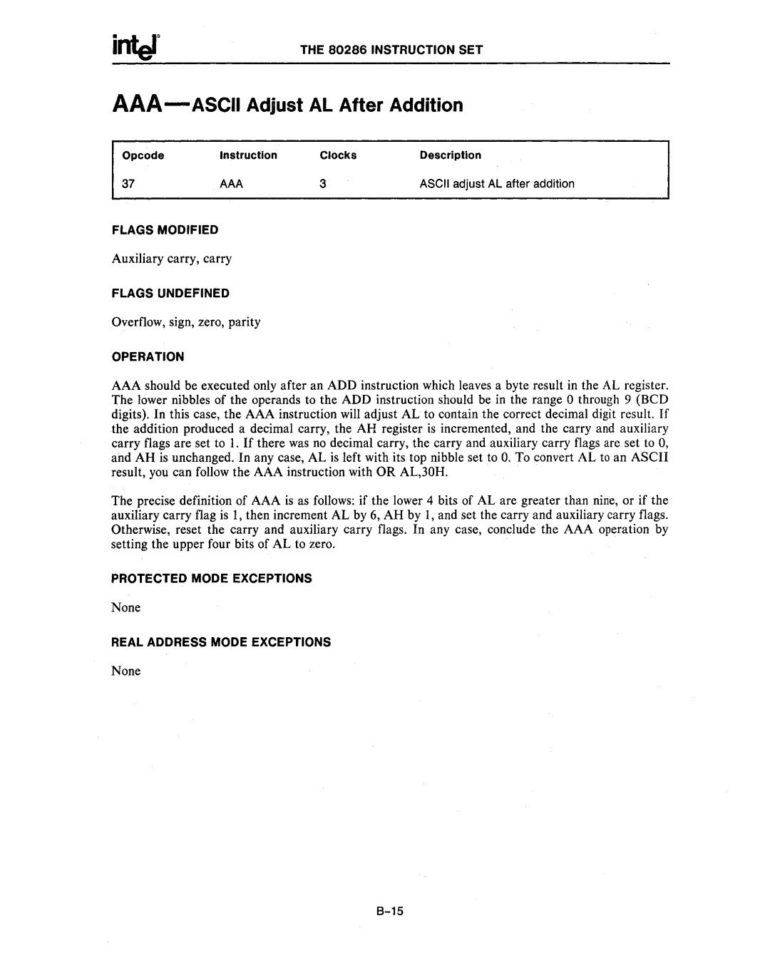 Intel 80286, 80287 manual AAA Ascii Adjust AL After Addition 