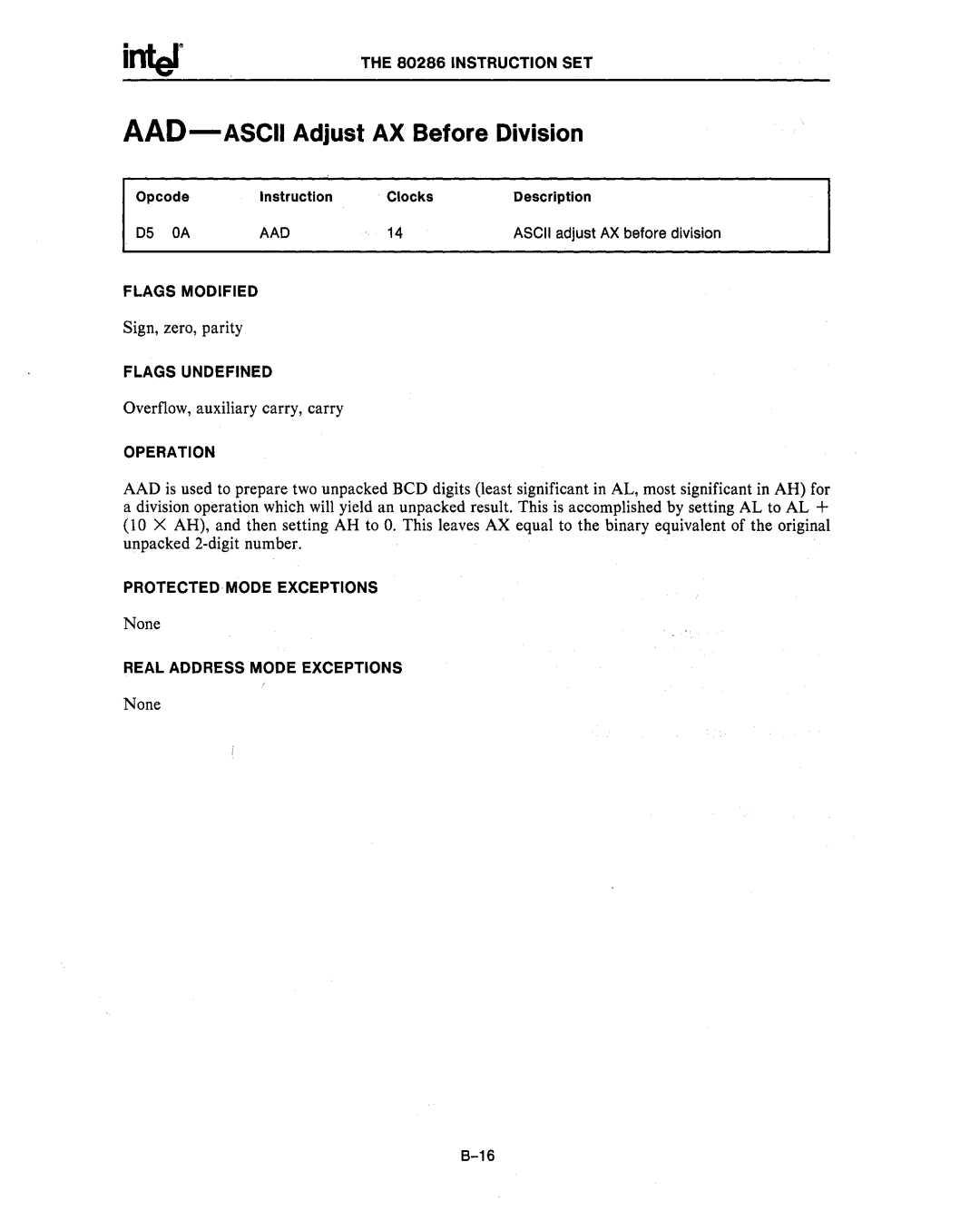 Intel 80287, 80286 manual AAD Ascii Adjust AX Before Division, Aao 