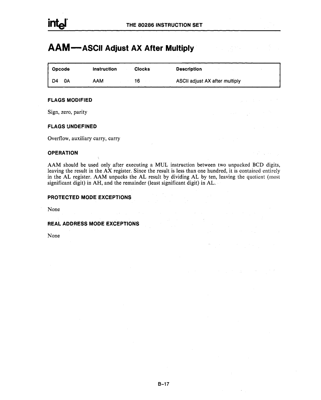 Intel 80286, 80287 manual D4 OA, Aam 