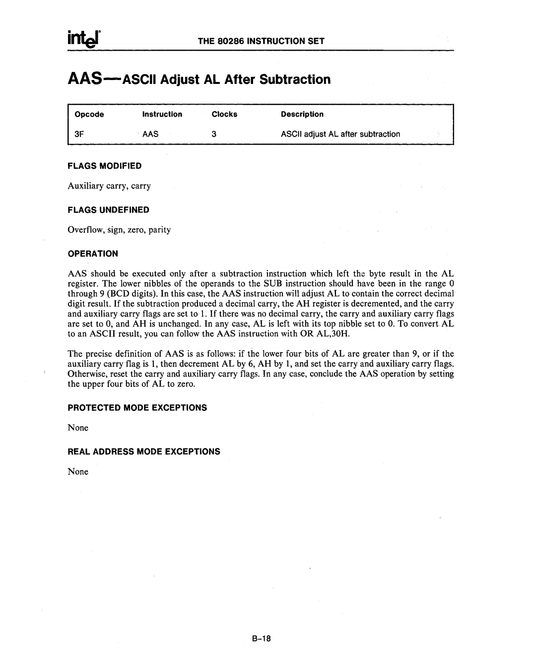 Intel 80287, 80286 manual AAS-ASCII Adjust AL After Subtraction, Aas 