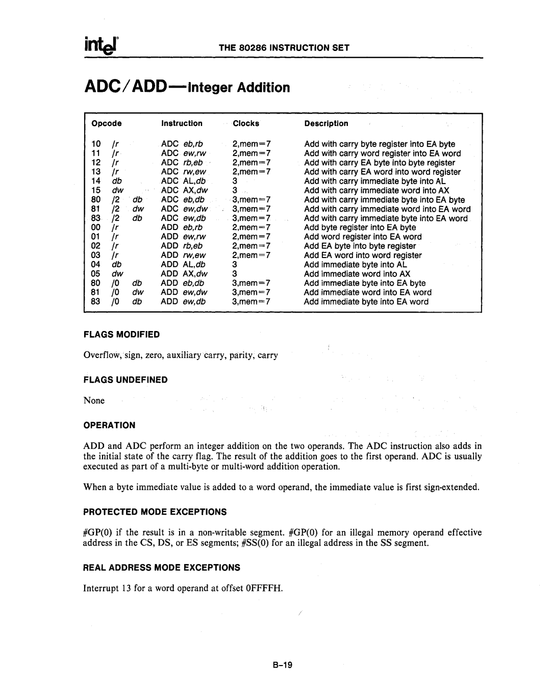 Intel 80286, 80287 manual ADC/ ADD-Integer Addition, Adc 