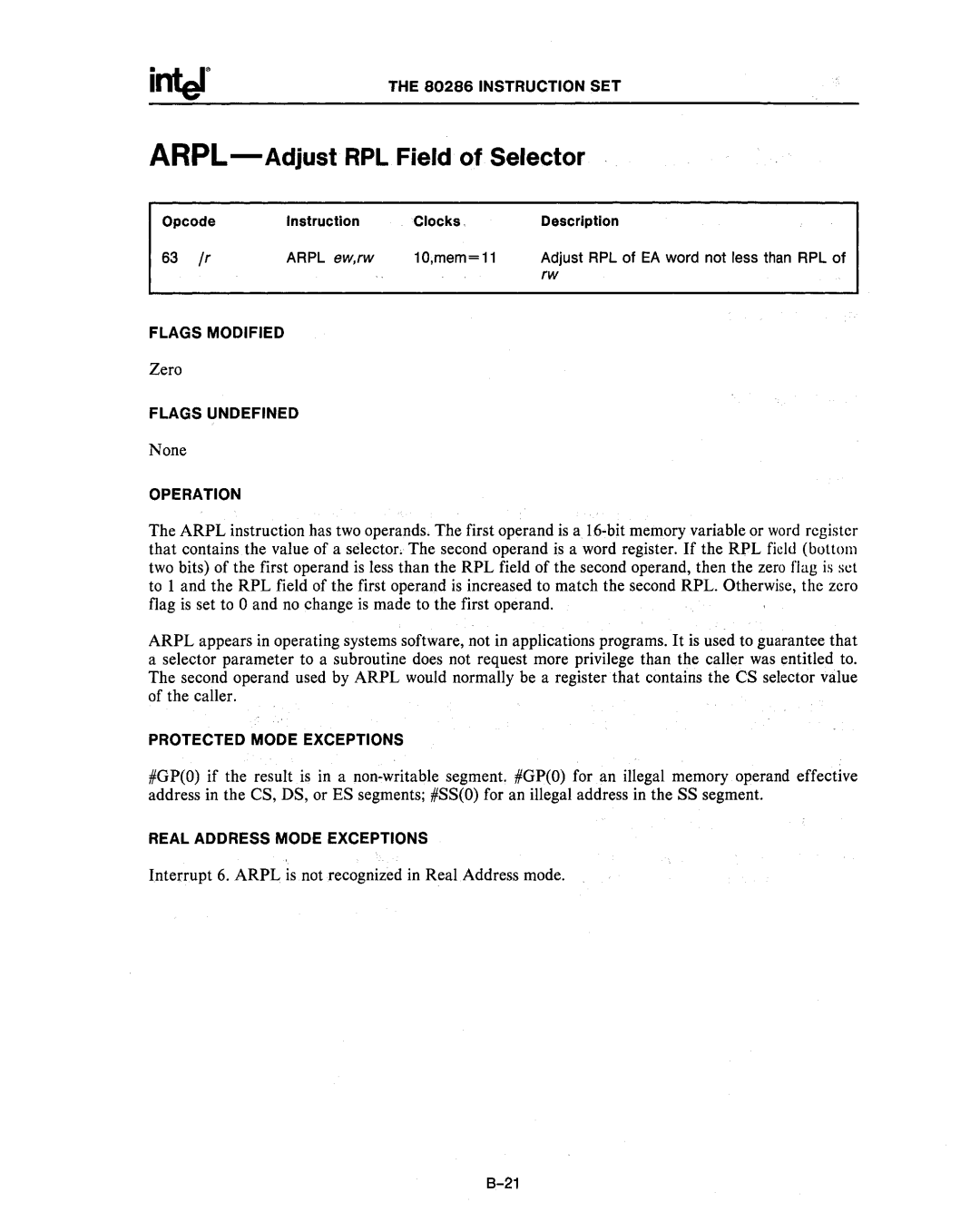 Intel 80286, 80287 manual ARPL- Adjust RPL Field of Selector 