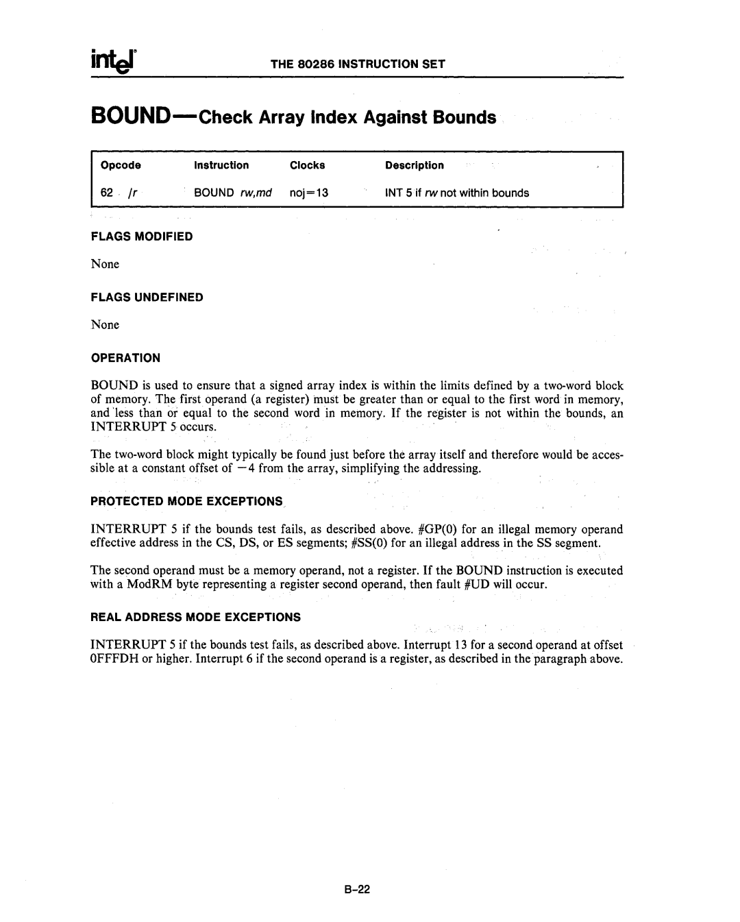 Intel 80287, 80286 manual BOUND-Check Array Index Against Bounds, Bound rw,md noj=13 