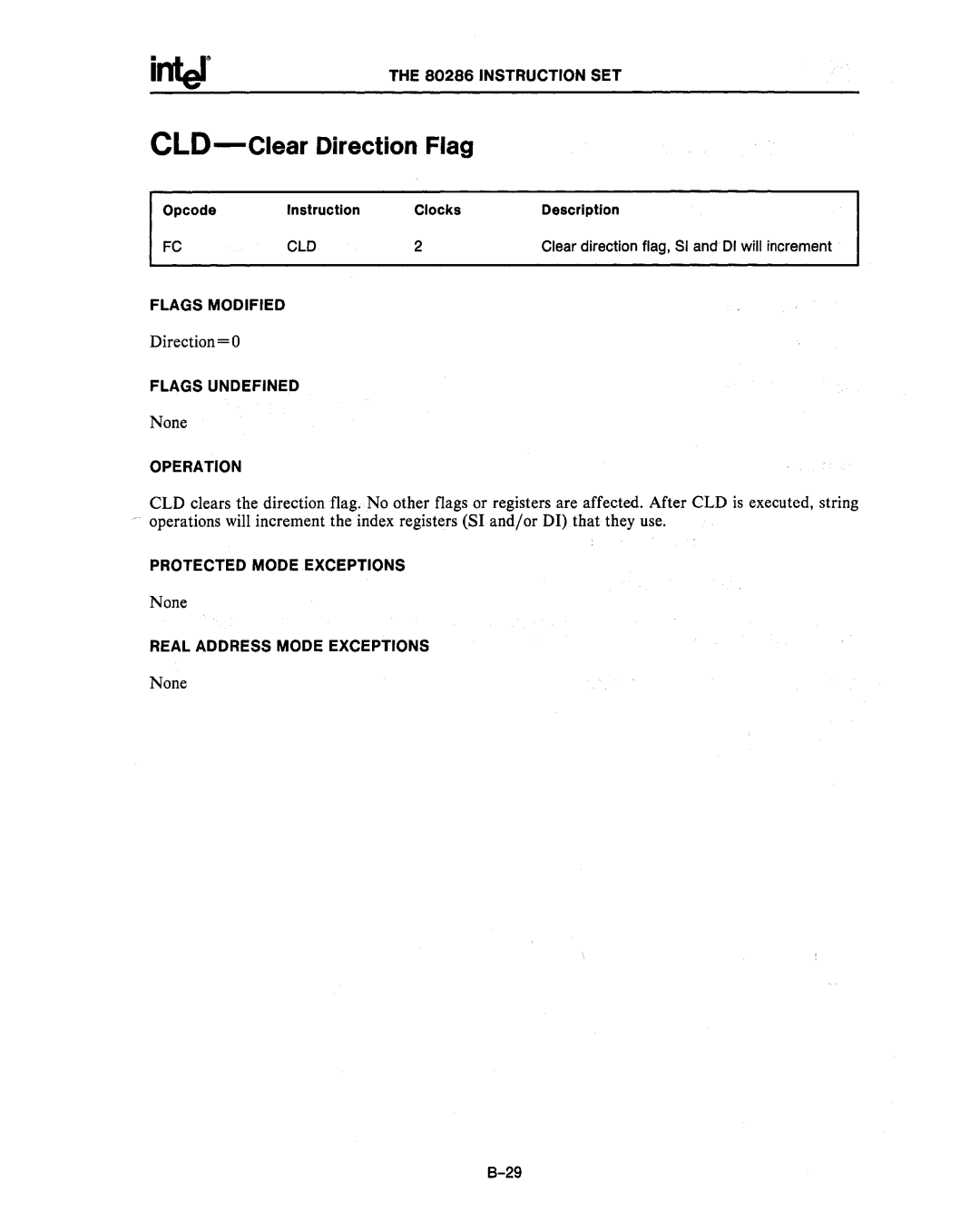 Intel 80286, 80287 manual CLD-Clear Direction Flag, Clo 