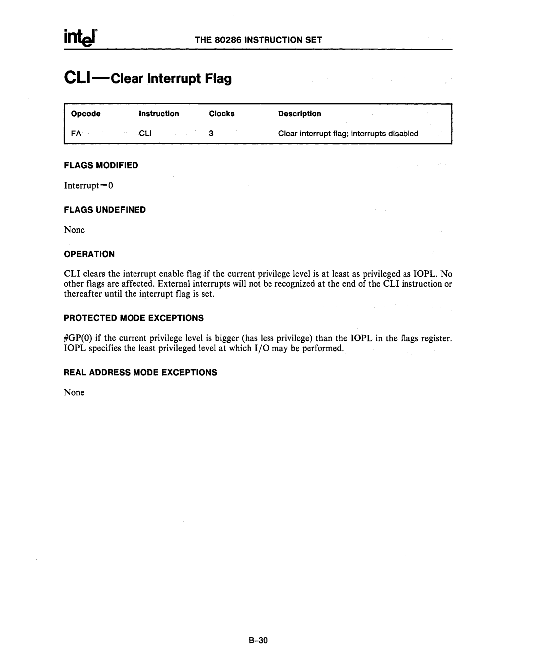 Intel 80287 Ell-Clear Interrupt Flag, 80286·INSTRUCTION SET, Protected Mode Exceptions, Real Address Mode Exceptions, Cli 