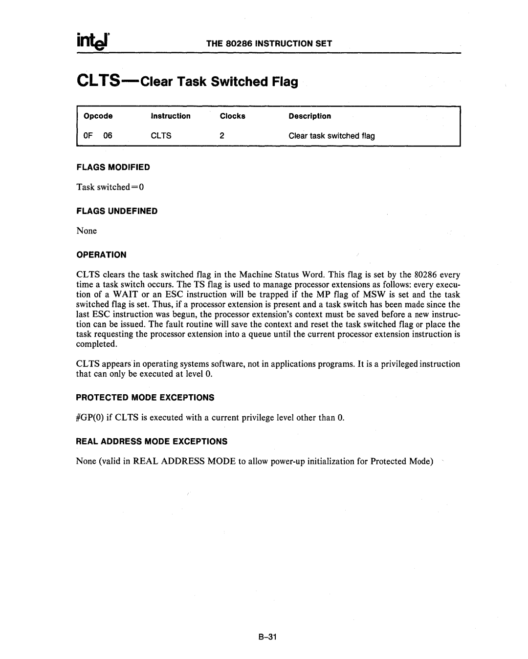 Intel 80286, 80287 manual CLTS-Clear Task Switched Flag, Opcode Instruction ClocksDescription 