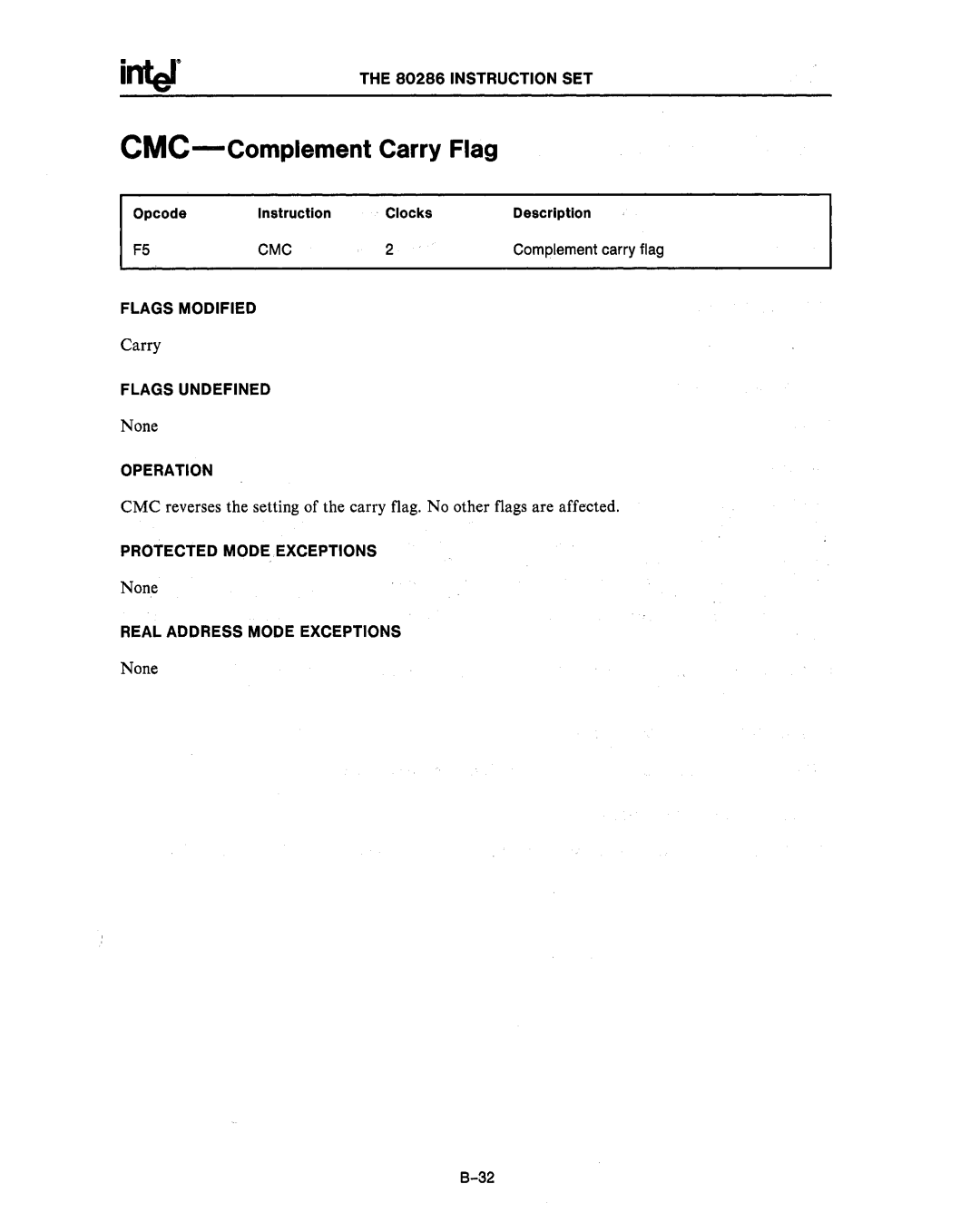 Intel 80287, 80286 manual CMC-Complement Carry Flag, Cmc 