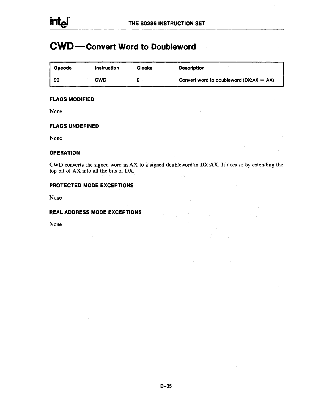 Intel 80286, 80287 manual CWO-Convert Word to Doubleword, Cwd 