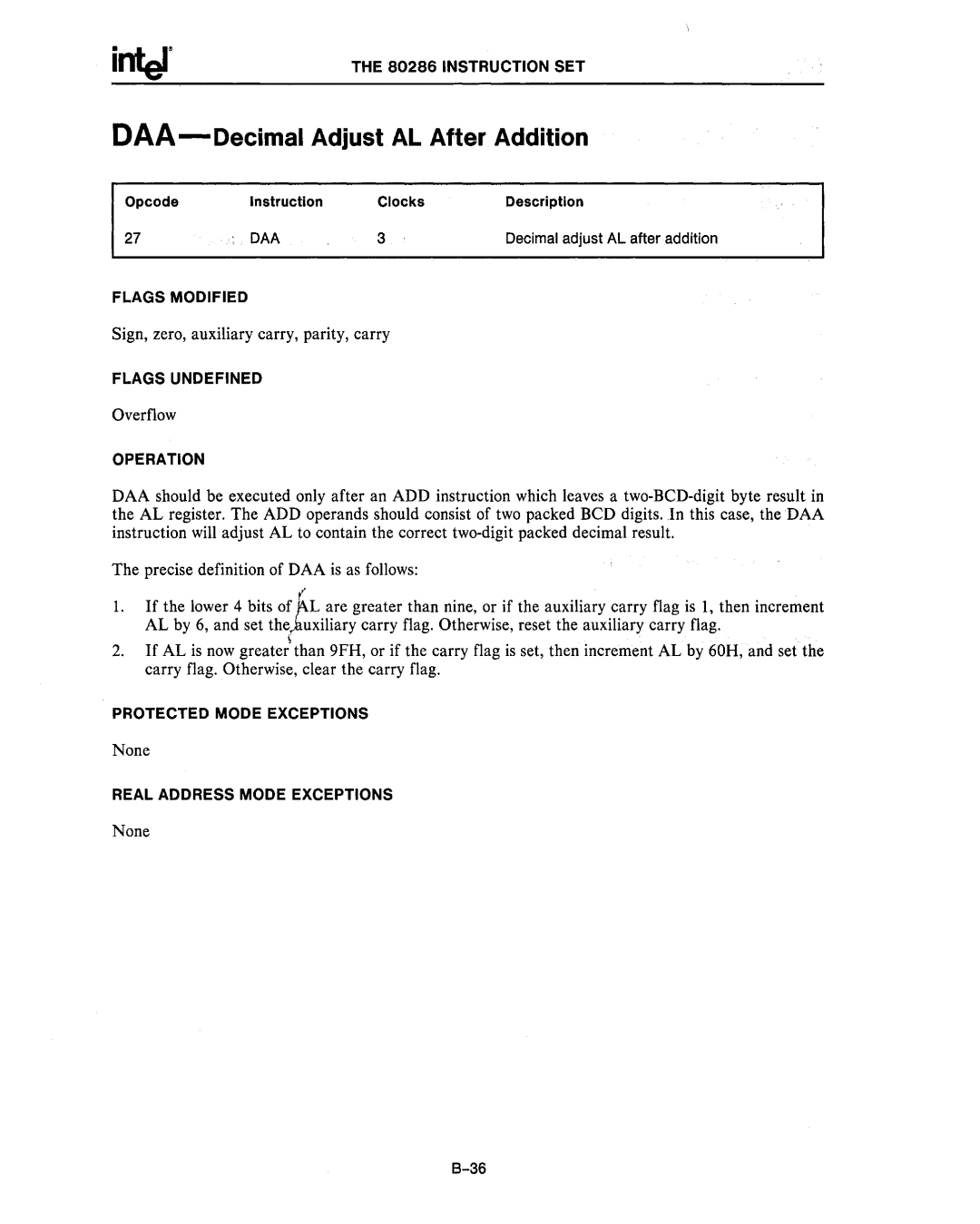 Intel 80287, 80286 manual DAA-Decimal Adjust AL After Addition, Daa 