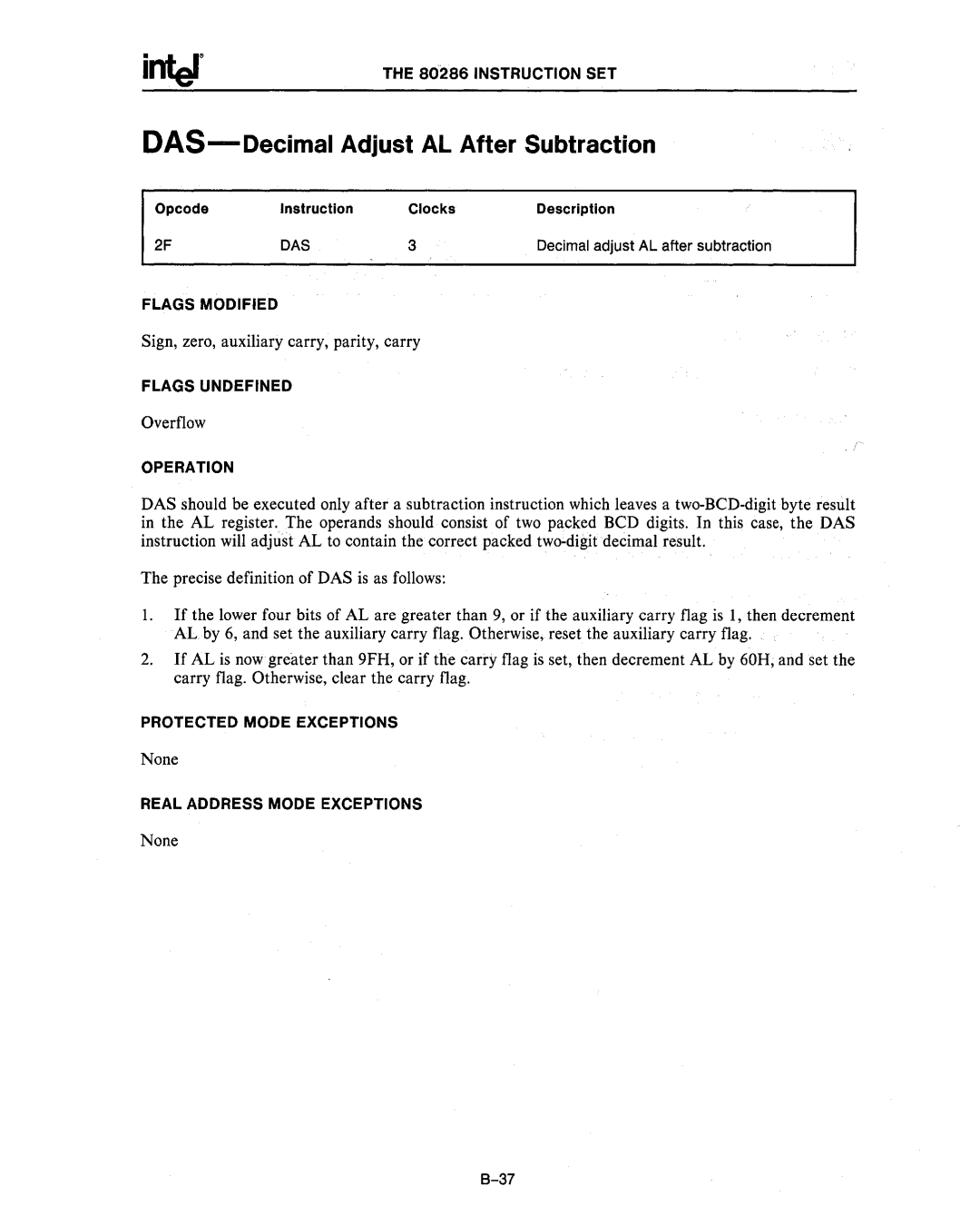 Intel 80286, 80287 manual DAS-Decimal Adjust AL After Subtraction 