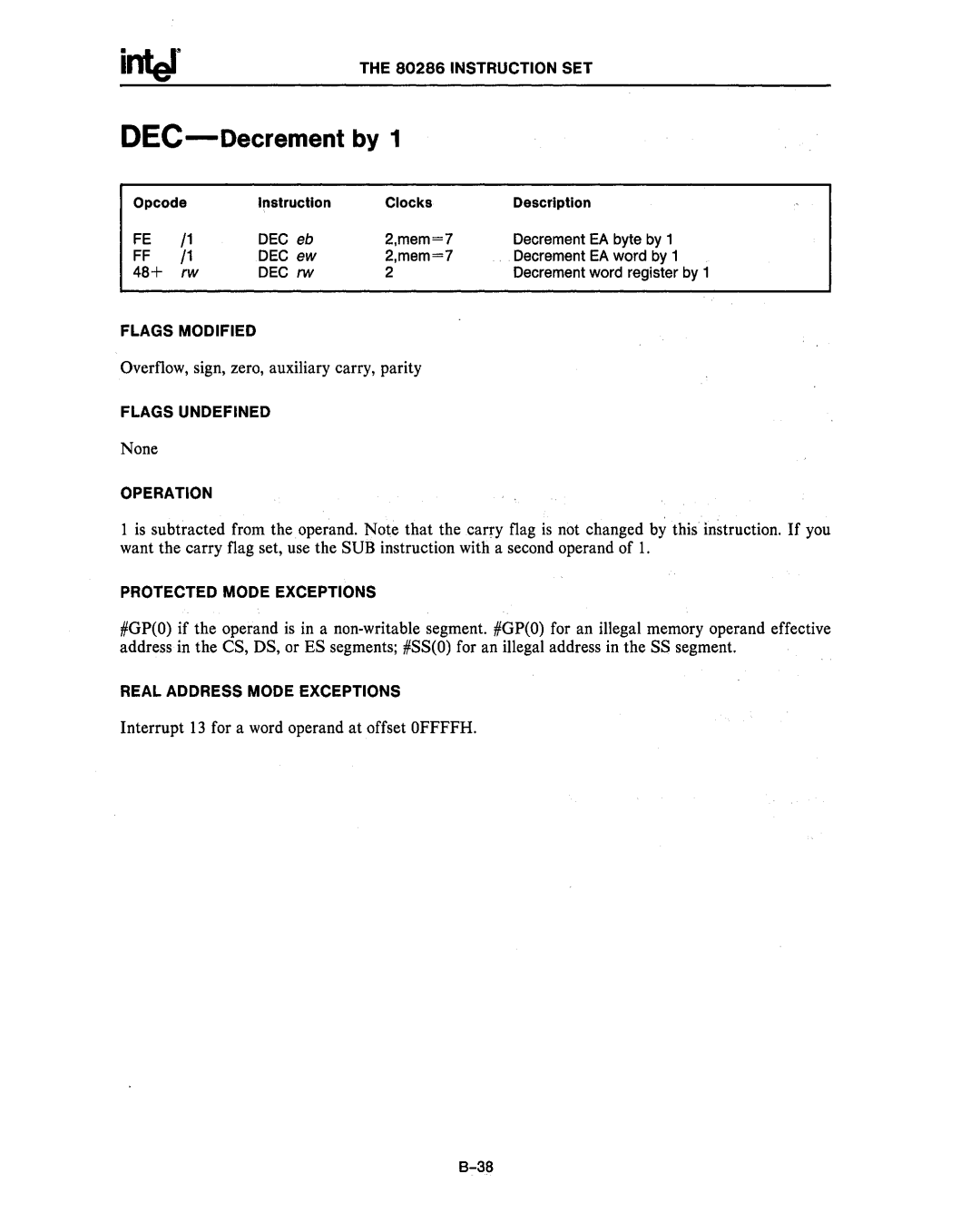 Intel 80287, 80286 manual DEC-Decrement by, Opcode Structlon Clocks Description 