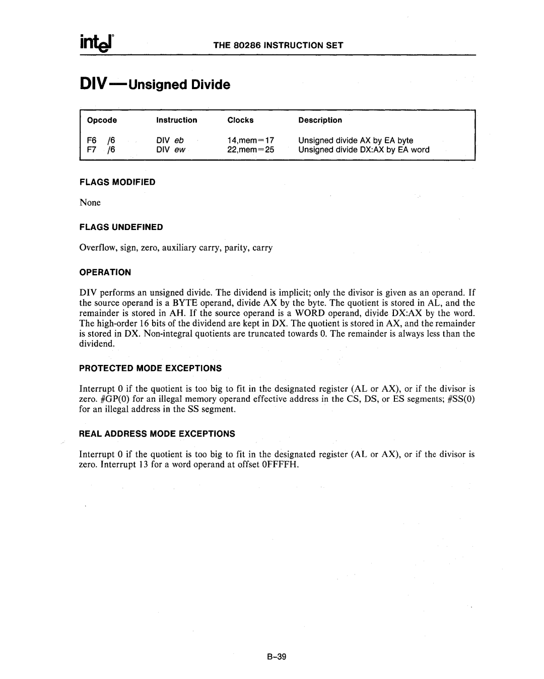 Intel 80286, 80287 manual DIV -Unsigned Divide, DIVeb, DIVew 