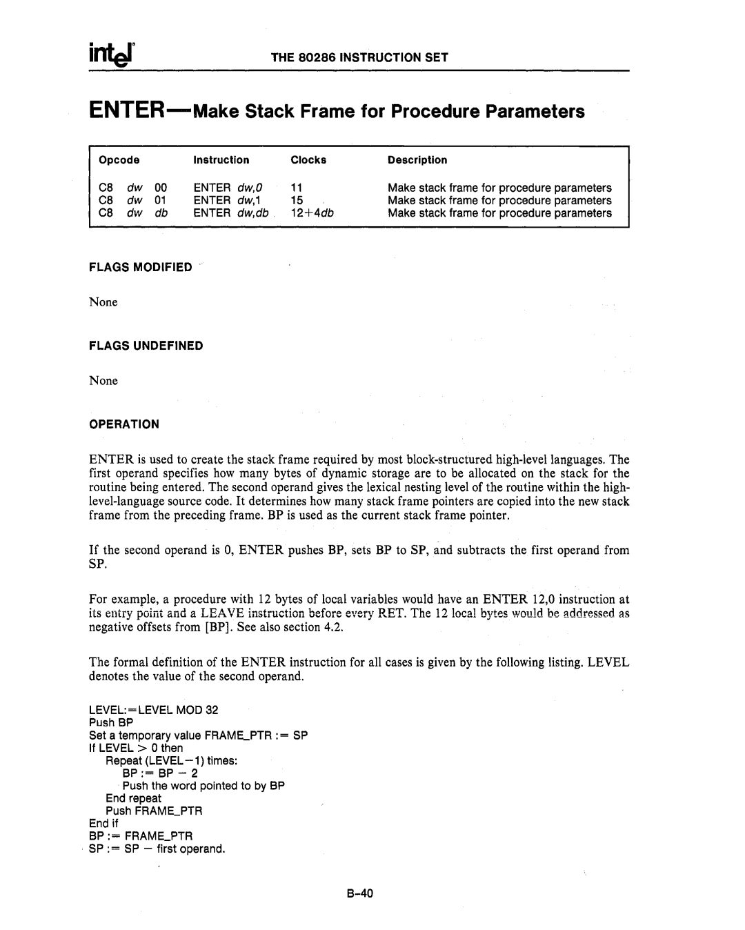 Intel 80287, 80286 manual ENTER-Make Stack Frame for Procedure Parameters, BP= Frameptr 