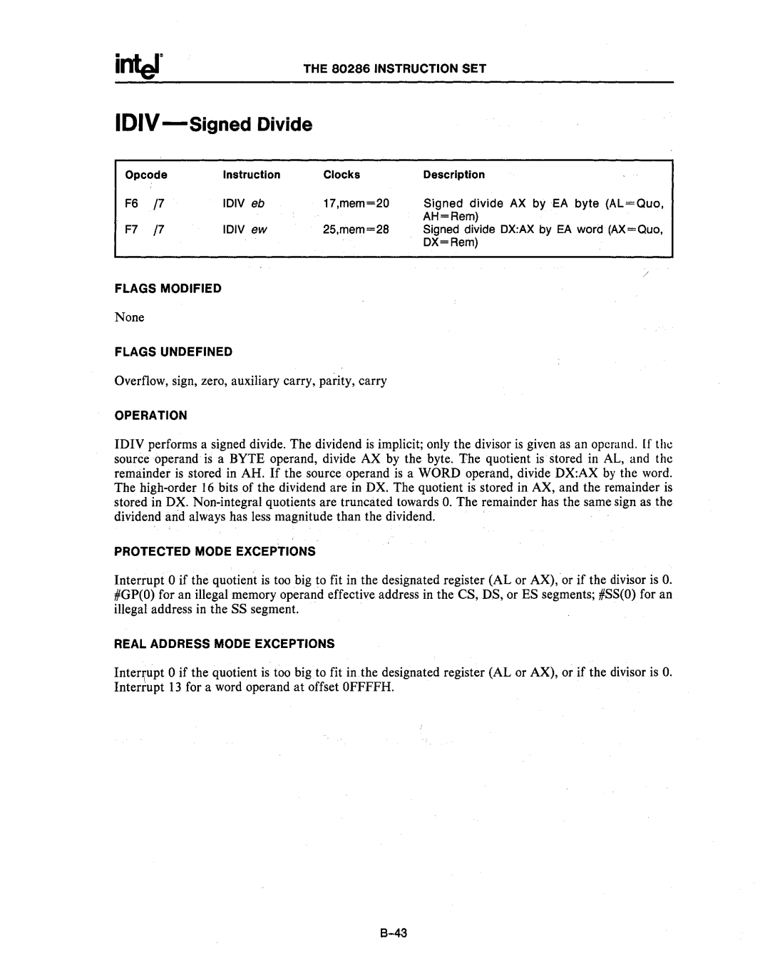 Intel 80286, 80287 manual IDIV-Signed Divide 