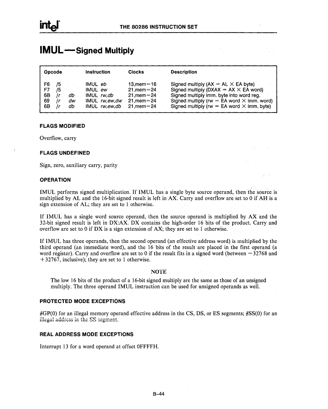 Intel 80287, 80286 IMUL-Signed Multiply, Opcode Instruction Clocks Description Imul eb, 21,mem=24 Signed multiply rw = 