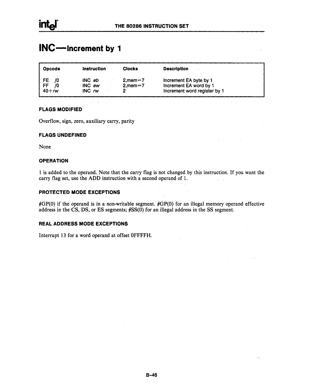 Intel 80287, 80286 manual Mem=7 Increment EA word by 