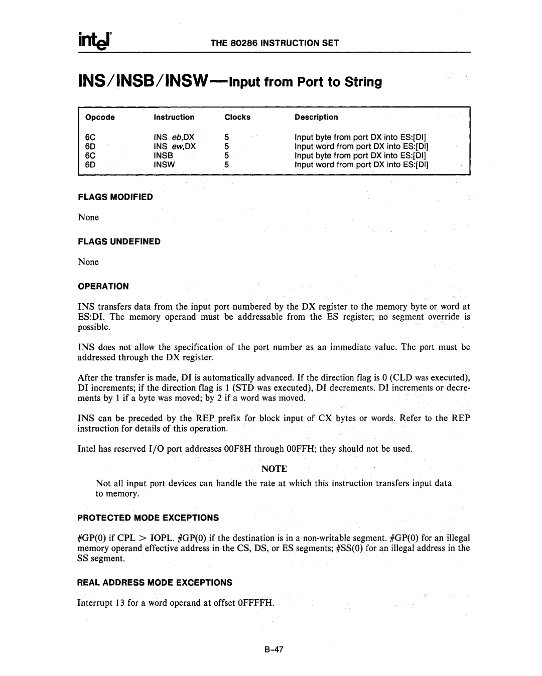 Intel 80286, 80287 manual INS/INSB/INSW-Input from Port to String, Insb, Insw 