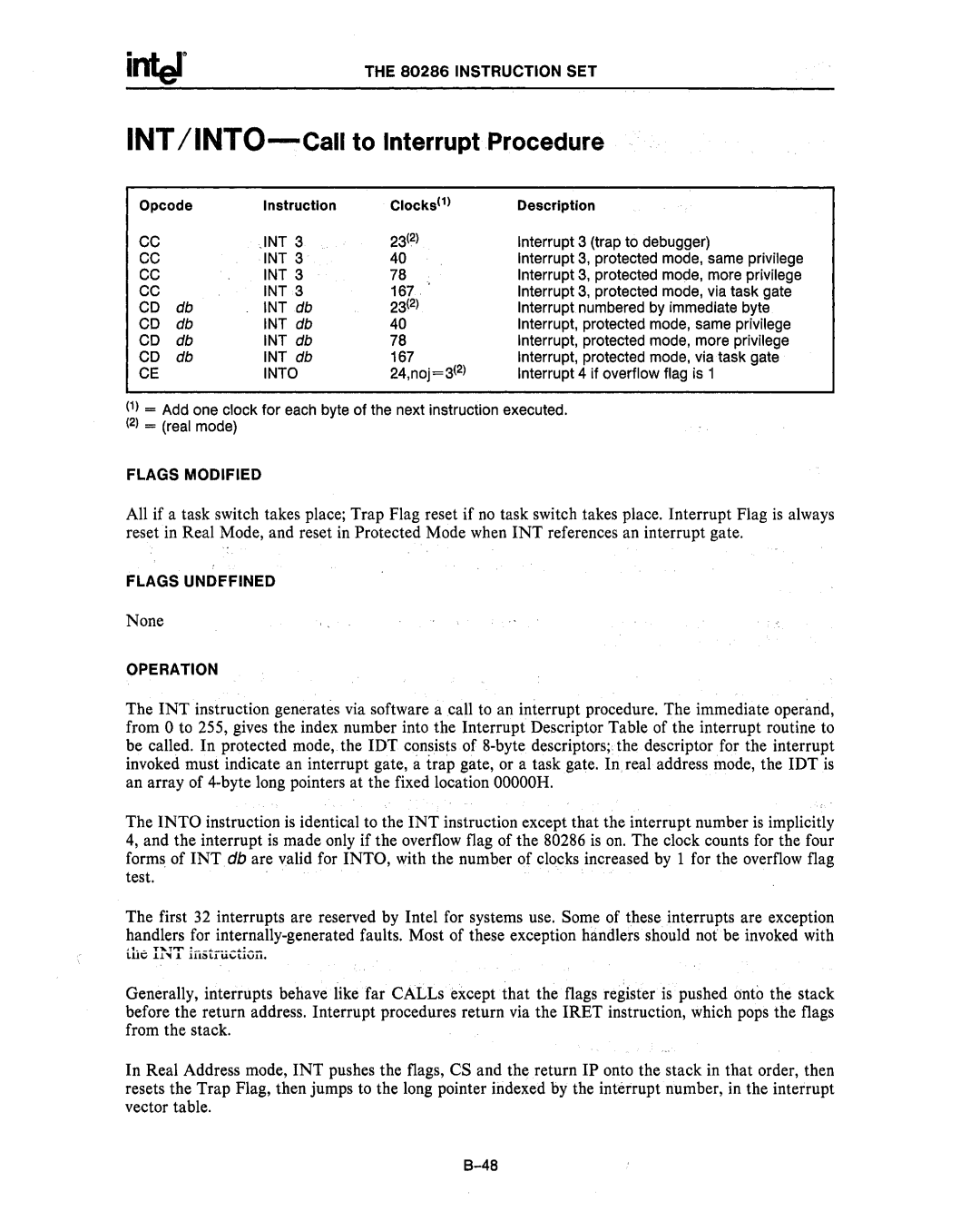 Intel 80287, 80286 manual INT IINTO-Call to Interrupt Procedure, INT3 