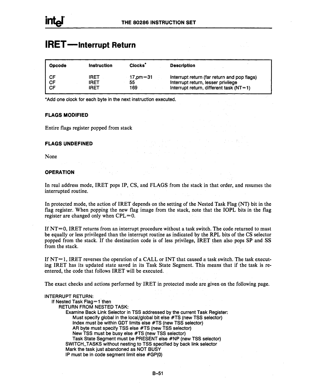 Intel 80286, 80287 manual IRET-Interrupt Return, Opcode Instruction Clock Description, Iret, Return from Nested Task 