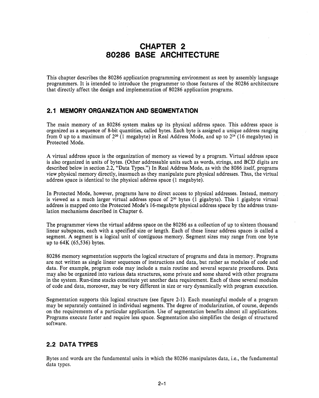 Intel 80286, 80287 manual Chapter Base Architecture, Memory Organization and Segmentation 