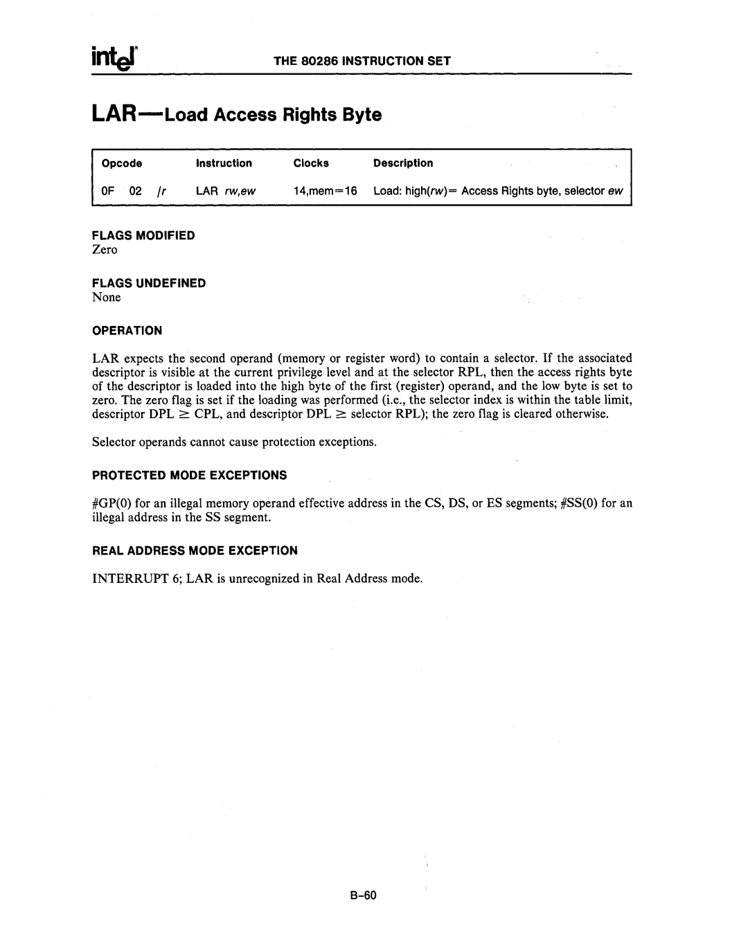 Intel 80287 Instruction SET, 02 Ir, 14,mem=16 Load highrw= Access Rights byte, selector ew, Real Address Mode Exception 