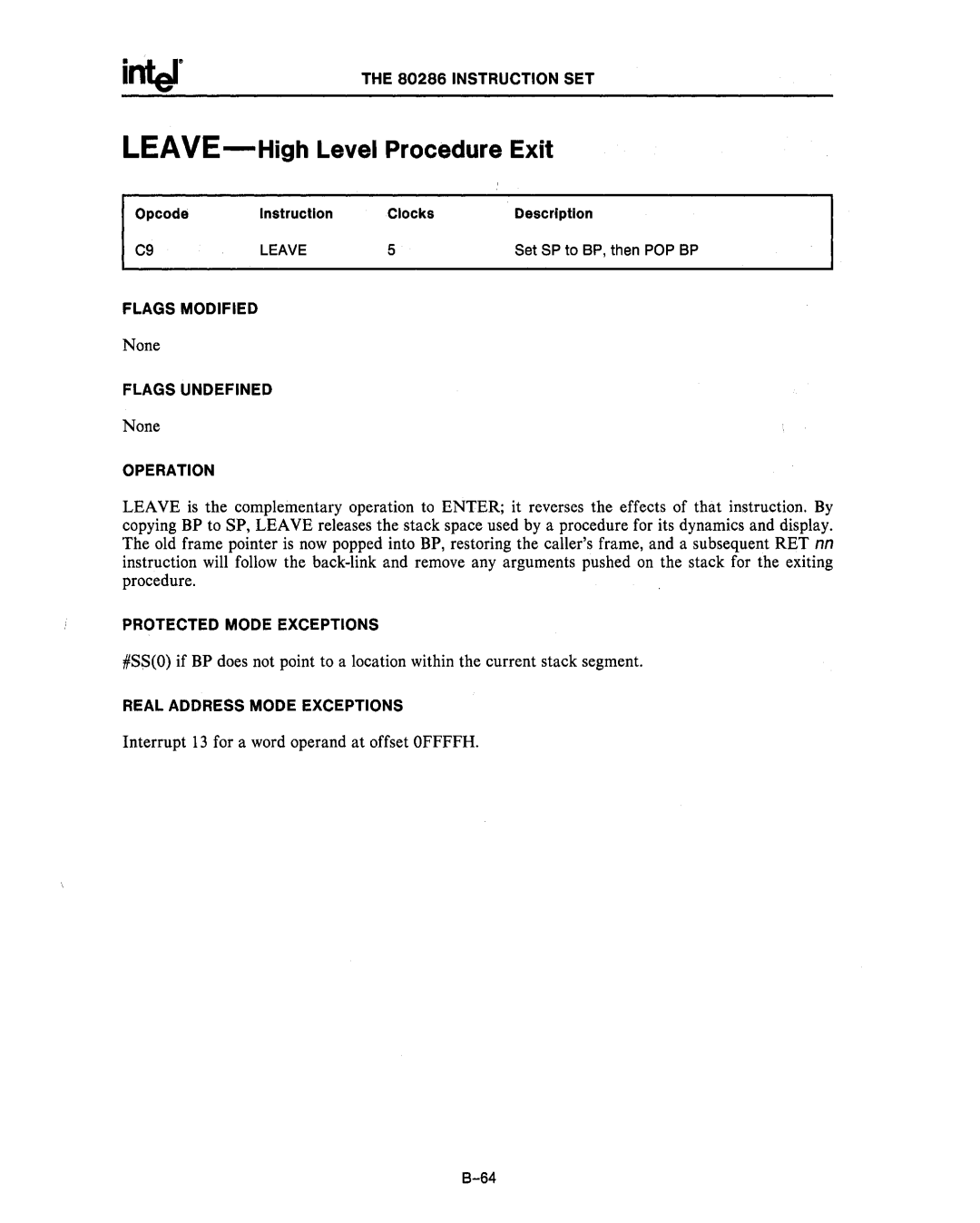 Intel 80287, 80286 manual LEAVE-HighLevel Procedure Exit, Leave 