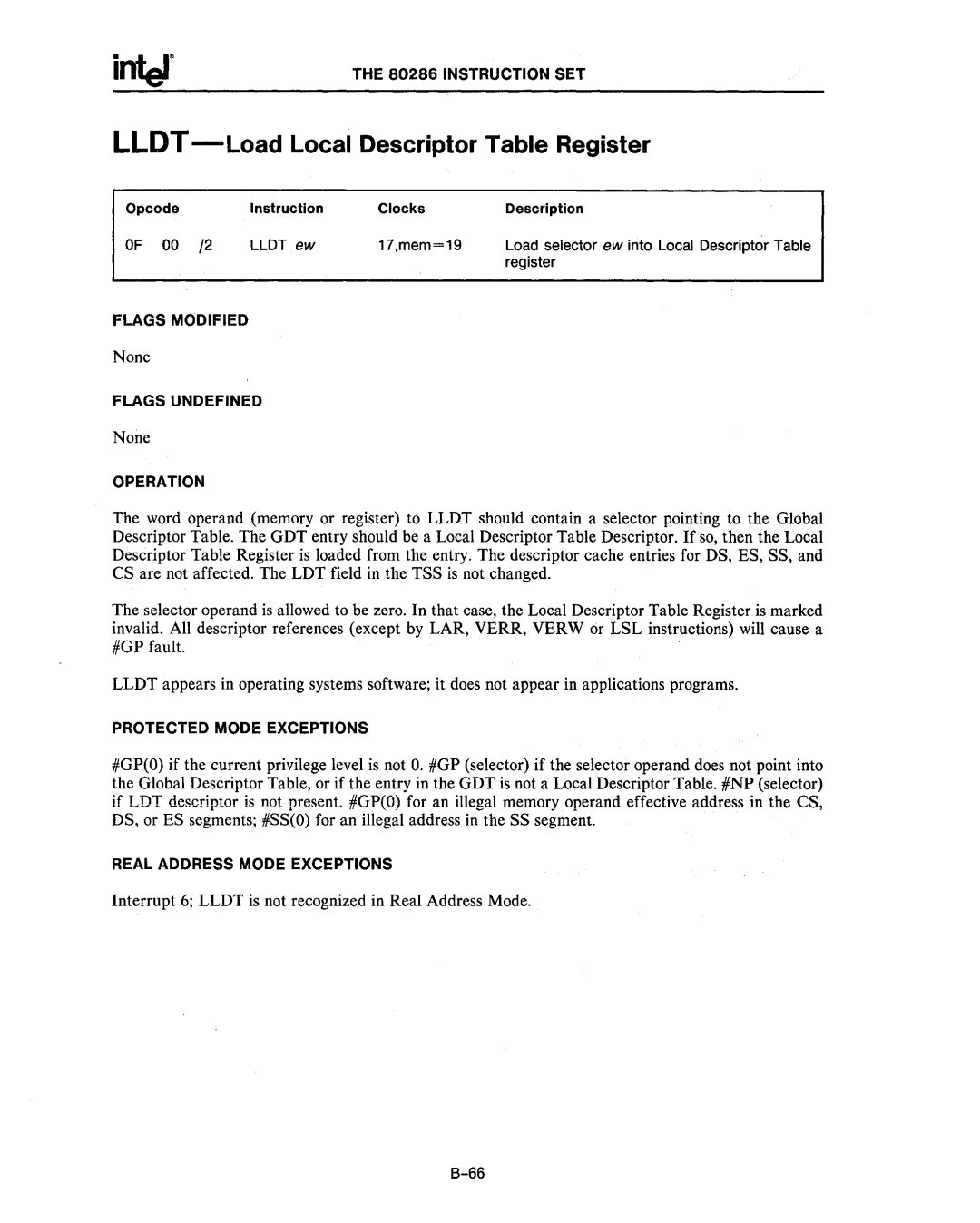 Intel 80287, 80286 manual LLDT-Load Local Descriptor Table Register, Lldt ew, Load selector ew into Local Descriptor Table 