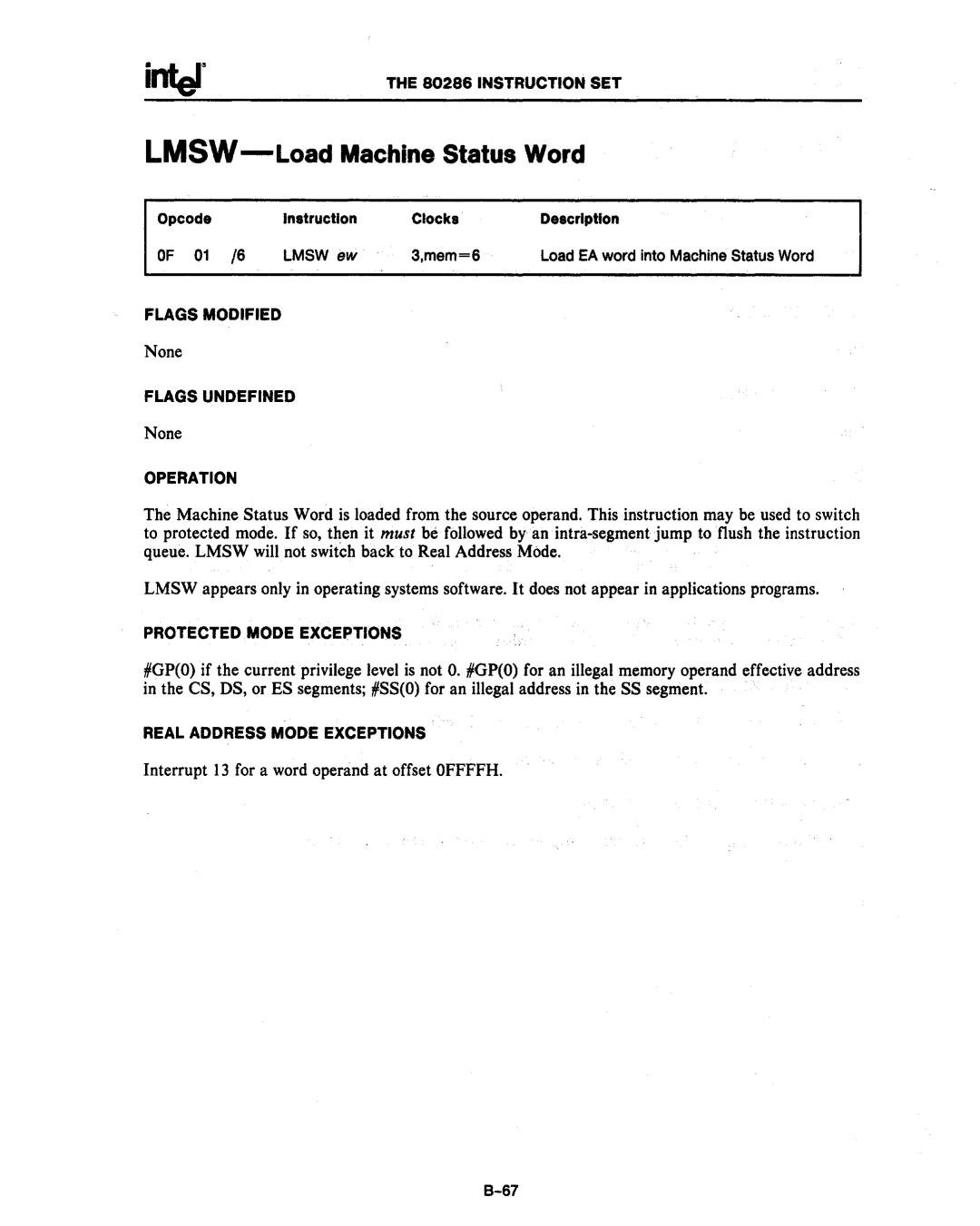 Intel 80286, 80287 manual LMSW-Load Machine Status Word, 01 /6 LMSWew Mem=6 