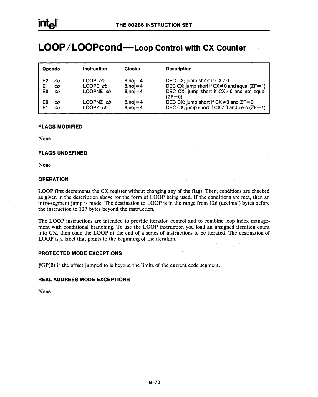 Intel 80287, 80286 manual LOOP/LOOPcond-Loop Control with CX Counter, Instruction SET 