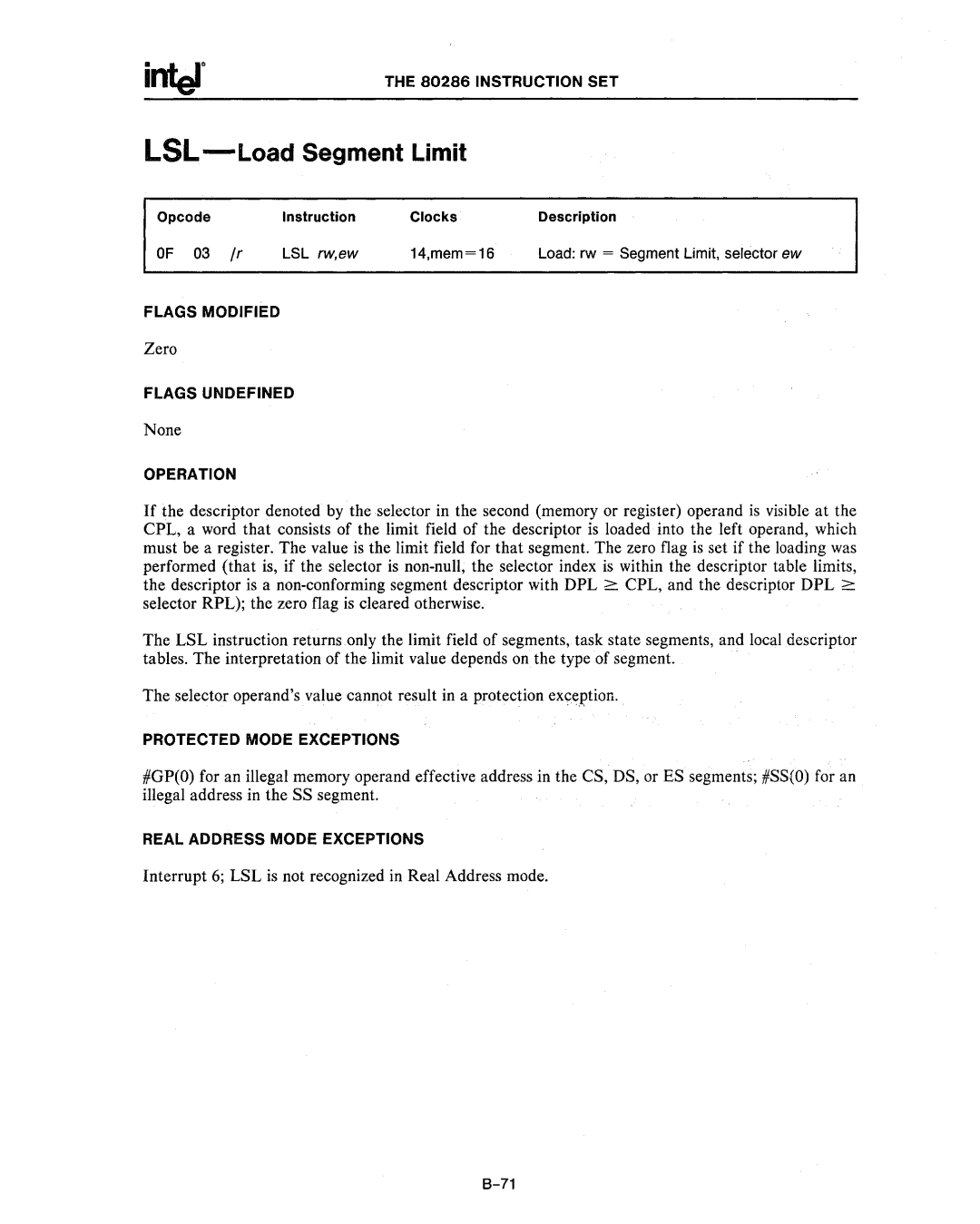 Intel 80286, 80287 manual LSL-LoadSegment Limit, 14,mem=16 Load rw = Segment Limit, selector ew 