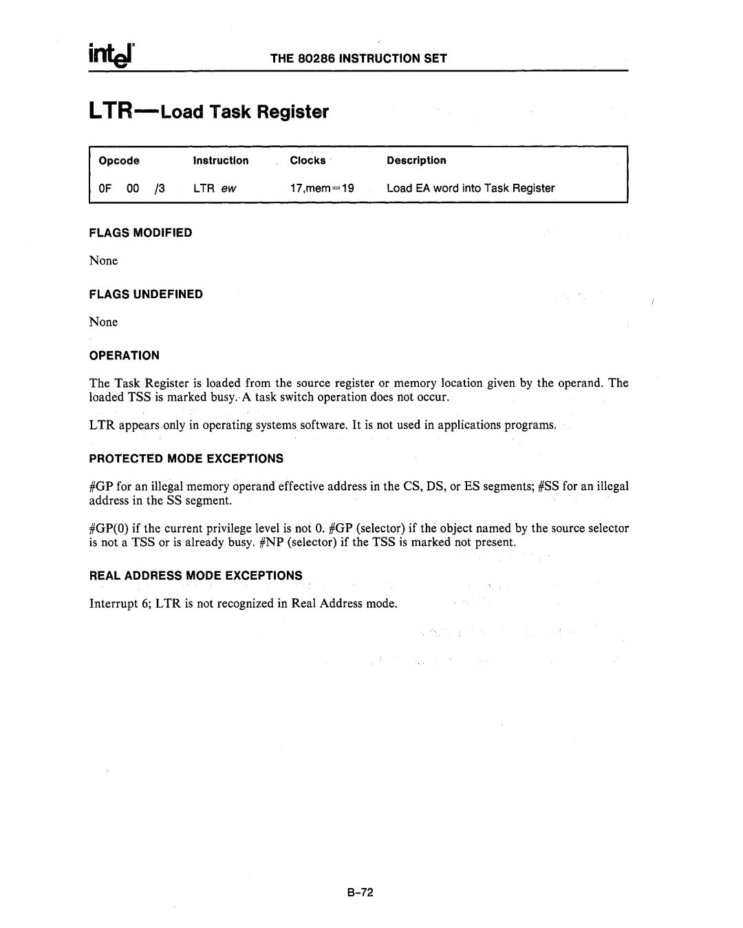 Intel 80287, 80286 manual LTR-Load Task Register, 00 /3 LTR ew 17,mem=19 