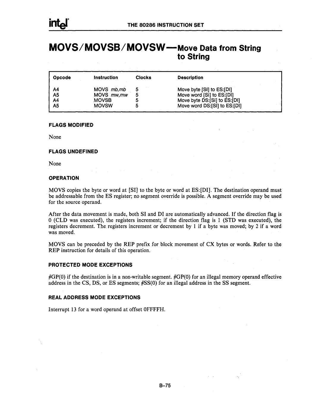 Intel 80286, 80287 manual MOVS/MOVSB/MOVSW-Move Data from String to String, MOVS8, Movsw 