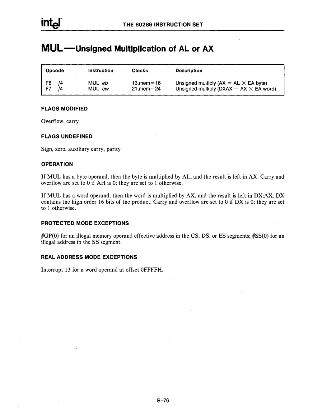 Intel 80287, 80286 manual MUL-Unsigned Multiplication of AL or AX 