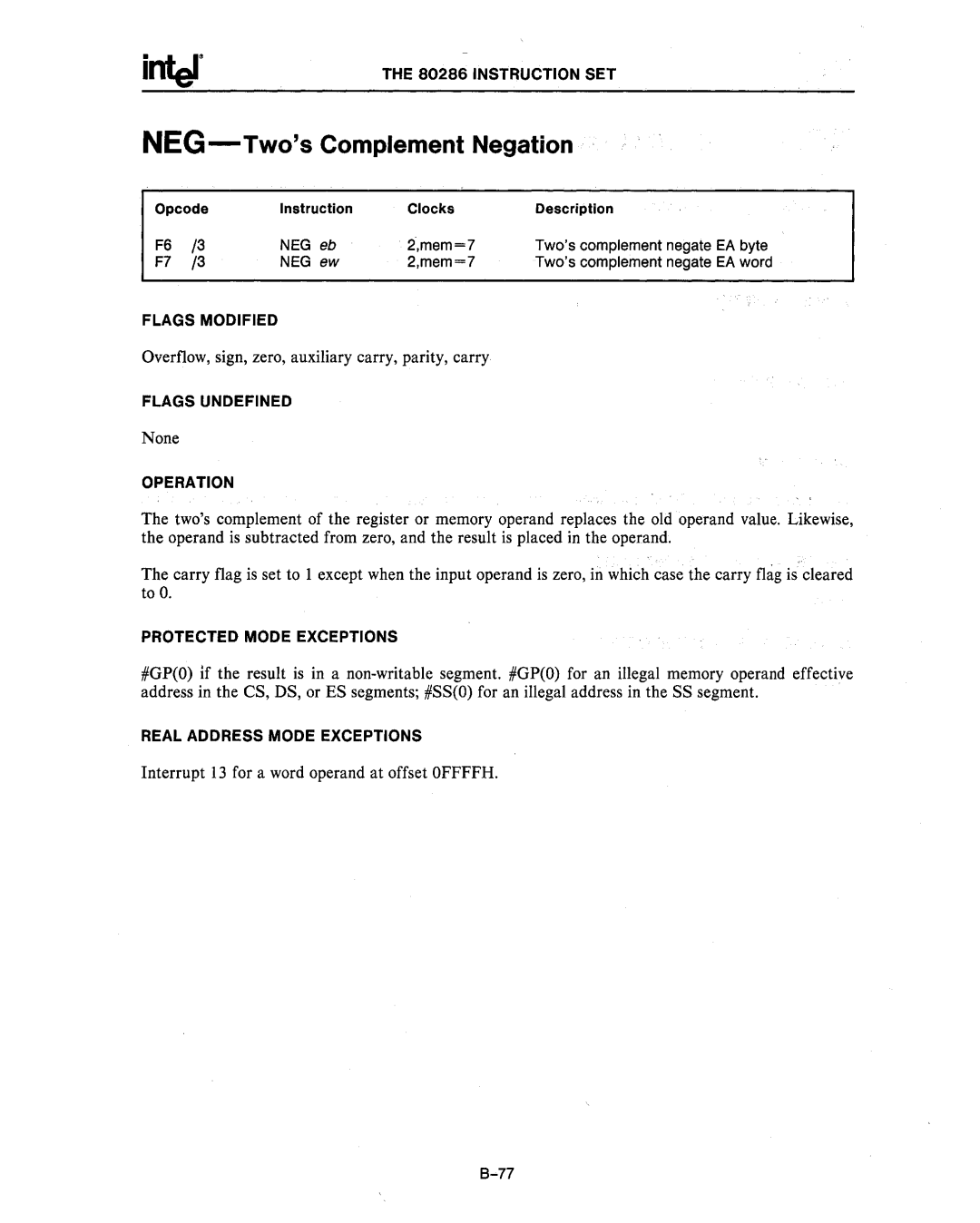 Intel 80286, 80287 manual NEG-TwosComplement Negation, NEG eb, NEG ew 