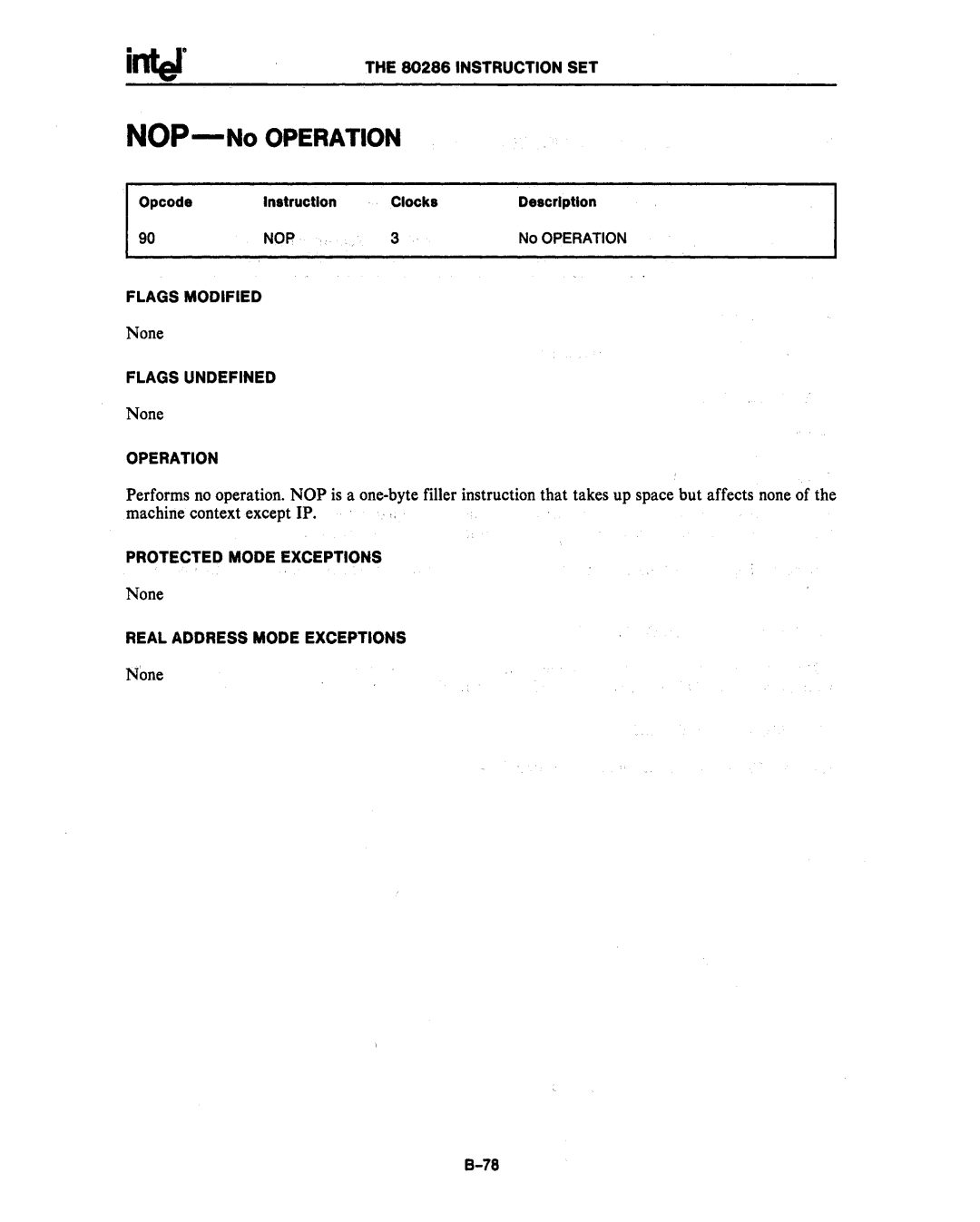 Intel 80287, 80286 manual NOP-No Operation 