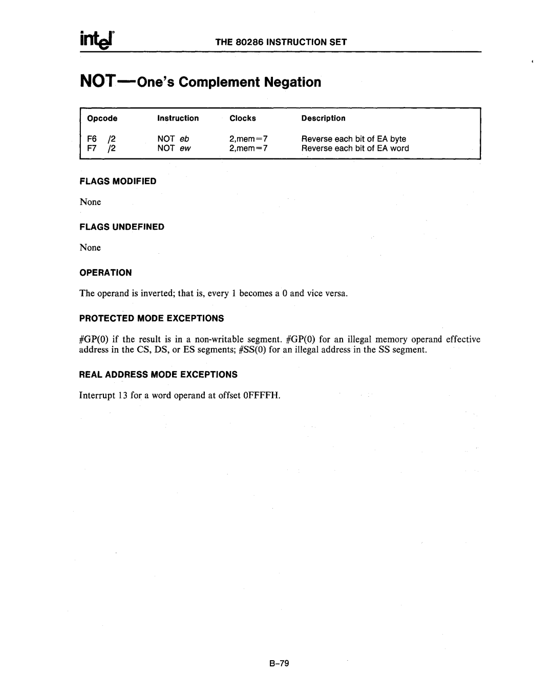 Intel 80286, 80287 manual NOT-OnesComplement Negation, Not 