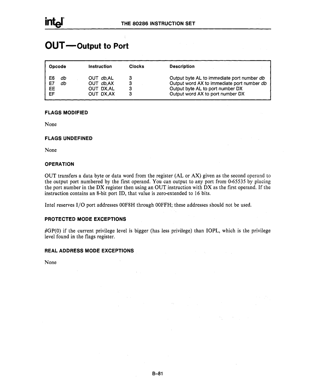 Intel 80286, 80287 manual Out Ox,Al, Output byte AL to port number OX, Out Ox,Ax, Output word AX to port number OX 