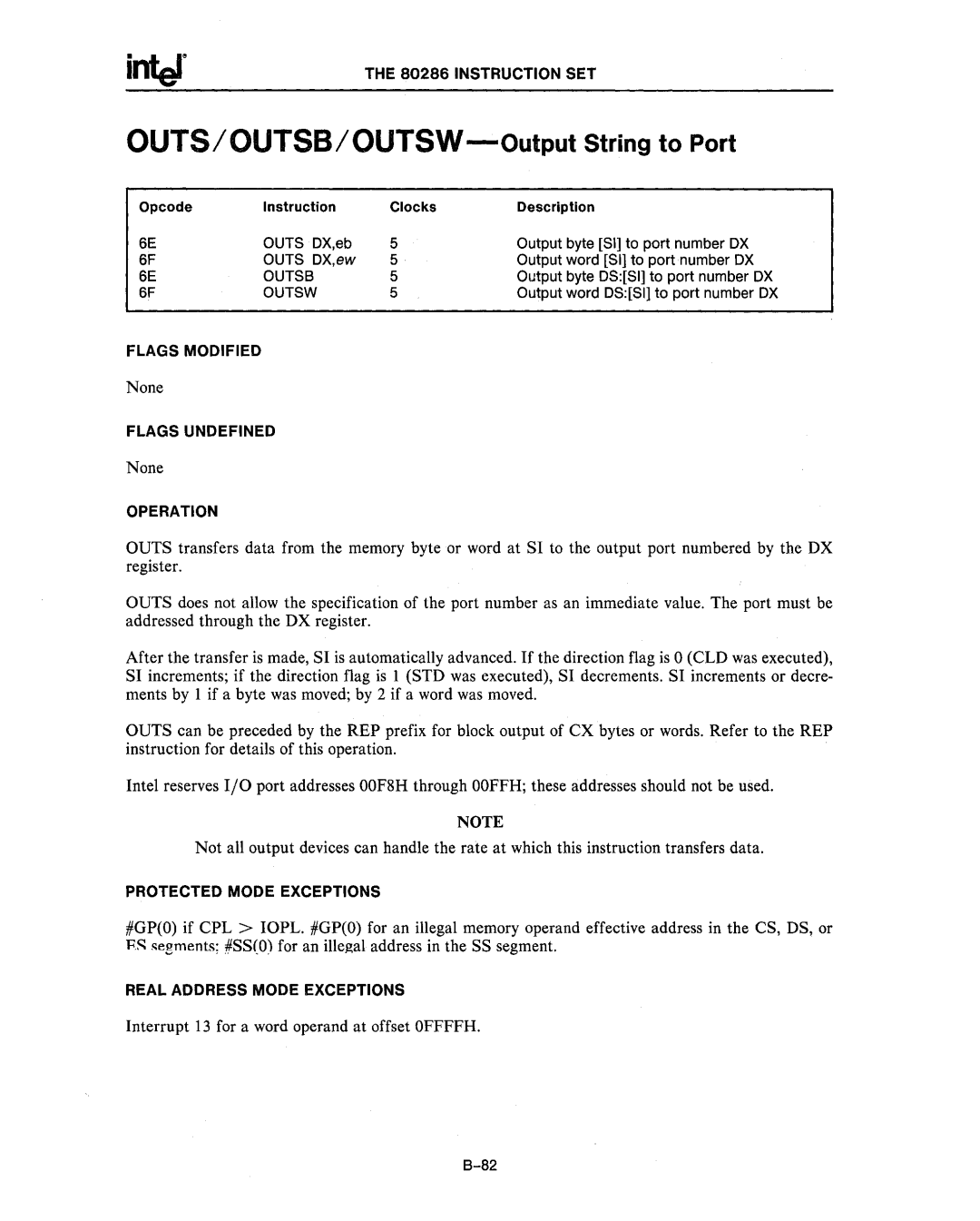 Intel 80287, 80286 manual Outsb, Outsw 